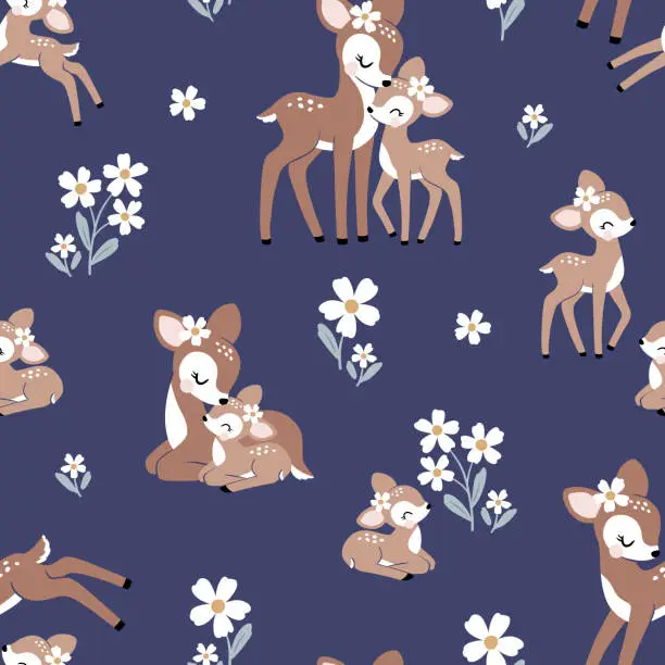 Vector illustration of Seamless vector pattern with cute vintage deer mom and baby on floral background