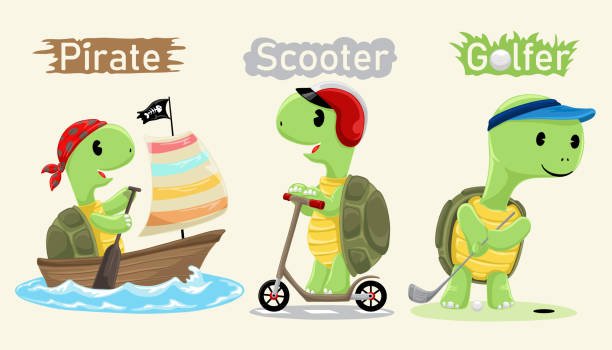 ilustraciones, imágenes clip art, dibujos animados e iconos de stock de conjunto de tortugas divertidas dibujadas a mano, navegando, montando scooter y jugando al golf. - golfer animal activity recreational pursuit