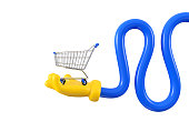 Yellow emoji hand holding or giving shopping cart. Isolated silver basket in long flexible twisted hand. Payment and shopping concept. 3d rendering.