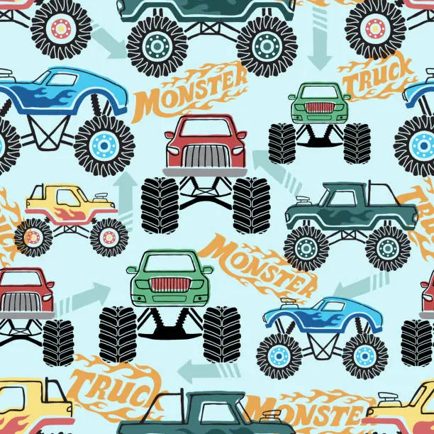 Vector illustration of Seamless pattern of monster truck cartoon