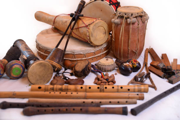 Variation of ethnic drums and flutes stock photo