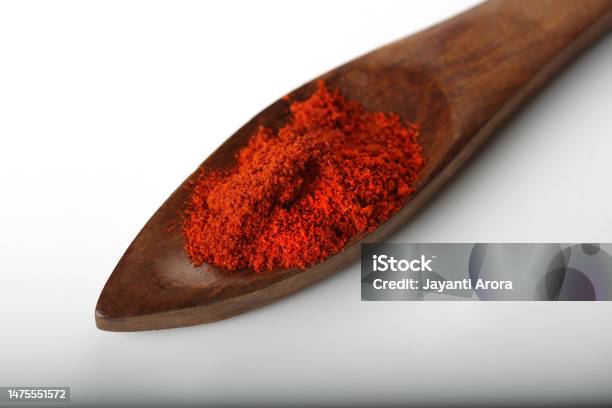 Red Chilli Pepper In Wooden Spoons Stock Photo - Download Image Now - Asia, Chili Pepper, Chilli Powder