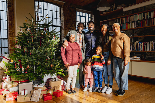 Multi-generation Black family in casual attire standing next to Christmas tree in sunny loft apartment, arms around each other and smiling at camera.