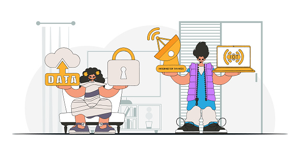 Guy and girl team up in the IoT industry, modern vector style.