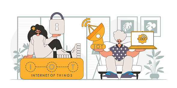 Guy and girl team to make vector modern characters in the Internet of Things industry.