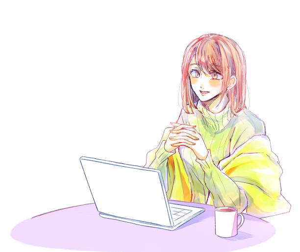 Woman smiling in front of a laptop Watercolor-like illustration computer people winter cafe stock illustrations