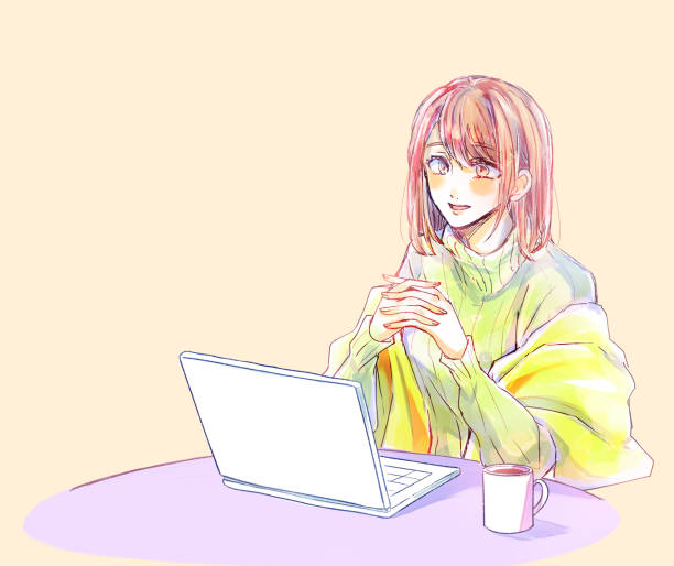 Woman smiling in front of a laptop Watercolor-like illustration computer people winter cafe stock illustrations