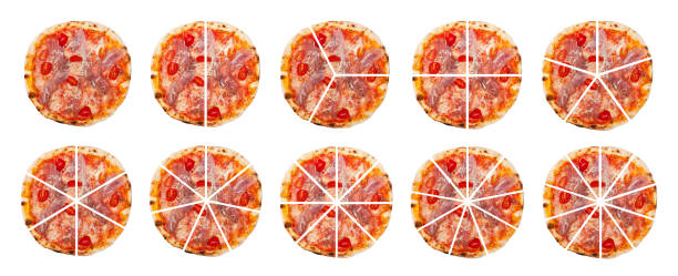 conjunto de dez frações feitas de pizza cortadas em pedaços isolados no fundo branco - fraction sign - fotografias e filmes do acervo