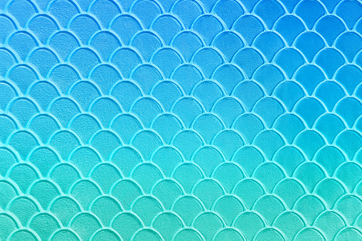 Fish Scale Mermaid Blue Teal Pattern Ombre Wave Holographic Scalloped Texture Abstract Dragon Reptile Dinosaur Snake Skin Pearl Turquoise Shiny Concrete Grunge Wall Circle Background Sparse Full Frame Toned Macro Photography for presentation, flyer, card, poster, brochure, banner