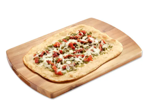 Flat Bread Vegetarian Pizza wood cutting board isolated white background