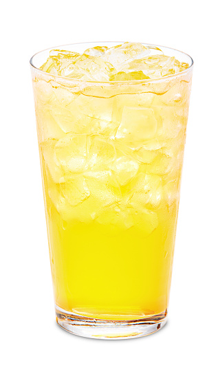Mango Lemonade glass ice white background