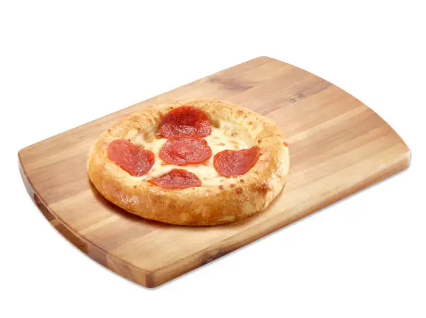 Pepperoni Pizza cheese wood cutting board isolated white background