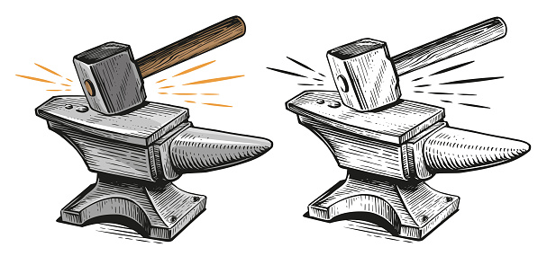 Hammer strikes the anvil, sparks. Blacksmith craft concept. Metal working tools. Sketch vintage vector illustration