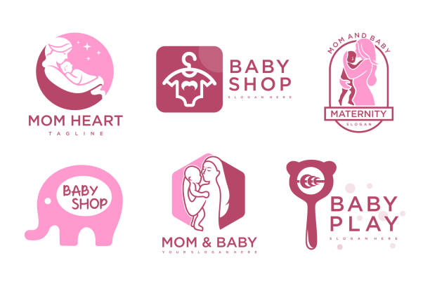 illustrations, cliparts, dessins animés et icônes de happy baby and mother icon set logo design.badges for children store & baby care center.illustration - elephant protection animal mother