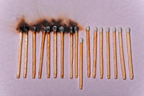 Matchstick on fire with red and yellow paper flames