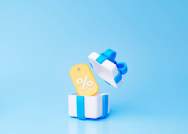 istock 3d open gift box white color with a blue ribbon bow and yellow coupon on blue light background. Christmas, birthday, ads, promotion. 3d rendering illustration. 1475566182