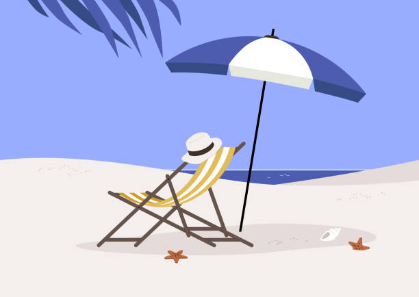 illustrations, cliparts, dessins animés et icônes de une plage paradisiaque avec une chaise longue en bois et un morceau de tissu, un parasol et un cocotier, style de vie estival en plein air - beach tropical climate palm tree deck chair