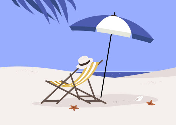 木と布地、日傘、ココナッツヤシの木で作られたデッキチェア、夏のアウトドアライフスタイルを備えたパ�ラダイスビーチ - outdoor chair illustrations点のイラスト素材／クリップアート素材／マンガ素材／アイコン素材