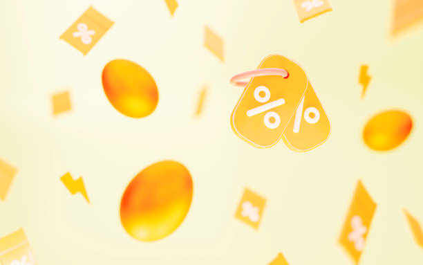 istock 3d background from yellow coupons and eggs with blur effect on light beige background. For promotion, marketing and advertising in social networks. Happy easter holiday. 3d render illustration. 1475566524