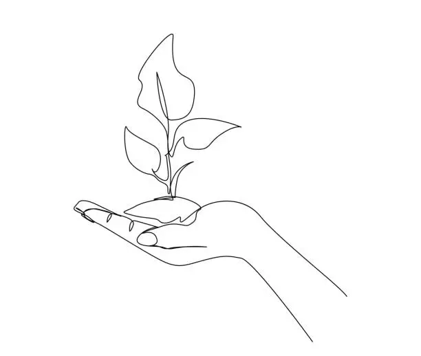 Vector illustration of Continuous one line drawing of hand holding growing plant. Hand holds plant, go green concept line art vector illustration.