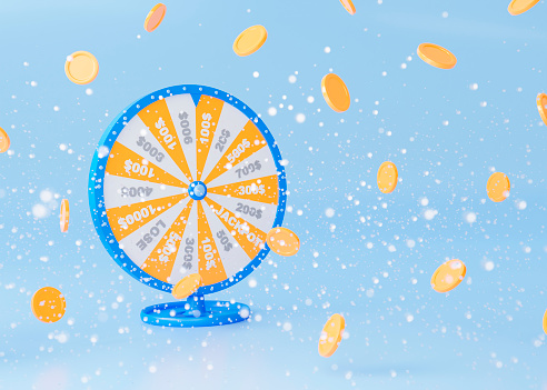 3D spinning fortune wheel with flying coins and snow on light blue background. Cartoon 3d lucky roulette. Gambling concept design. Online casino. 3d rendering illustration.