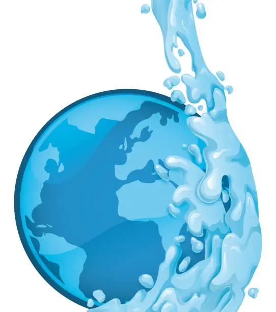 Vector illustration of Water stream splashing a blue button with globe, Vector illustration