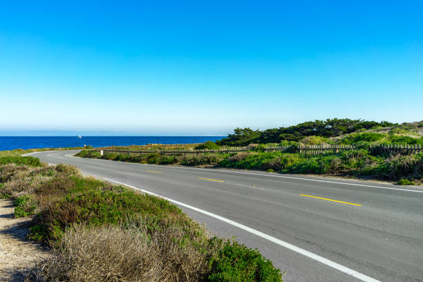 A empty rural road withe green landscape next to the Pacific Ocean stock photo