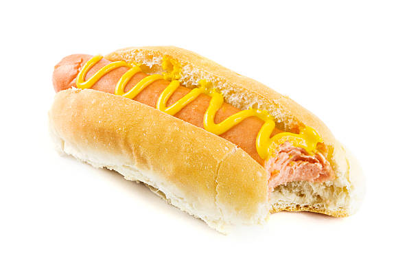 istock Hot dog with missing bite and mustard over white 147556826