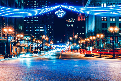 A look down Wisconsin Avenue in Milwaukee during Christmas
