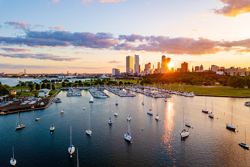 Overlooking the McKinley Marina during sunset with the Milwaukee skyline in the background