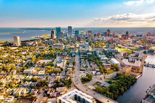 A high up view of the Milwaukee skyline