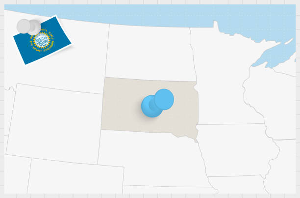 mapa dakoty południowej z przypiętą niebieską pinezką. przypięta flaga dakoty południowej. - map dakota south dakota north stock illustrations