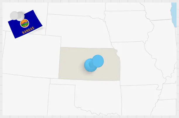 Vector illustration of Map of Kansas with a pinned blue pin. Pinned flag of Kansas.