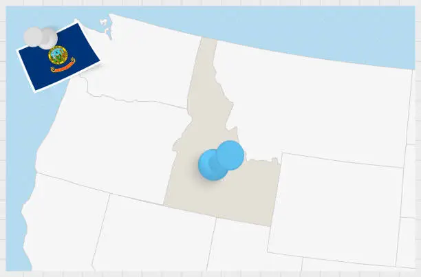 Vector illustration of Map of Idaho with a pinned blue pin. Pinned flag of Idaho.