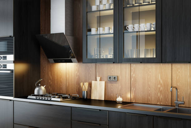 istock Retro and Modern minimalist kitchen with long island with stools. Oak wood and stone. 1475572628