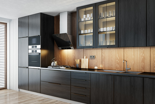 Modern and retro minimalist apartment interior kitchen. Kitchen with long island. Natural oak texture material with stone finish. Modern furniture. 3d renderings.