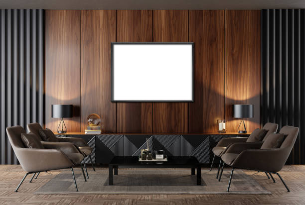 istock Black Luxury modern retro-style living room with blank image frames 1475572768