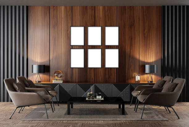 istock Black Luxury modern retro-style living room with blank image frames 1475572770