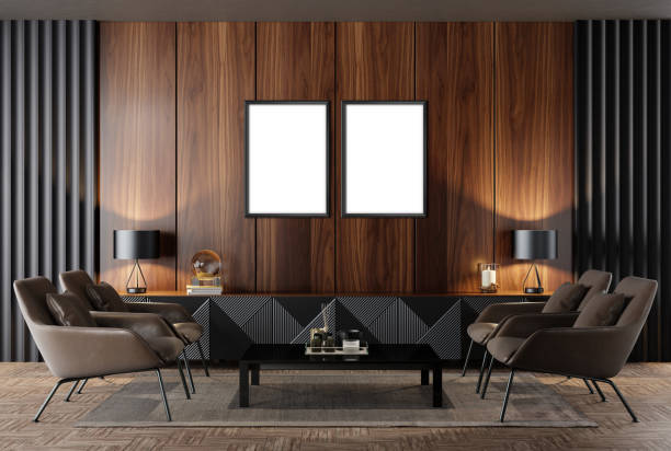 istock Black Luxury modern retro-style living room with blank image frames 1475572866