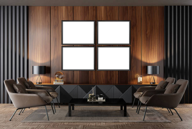 istock Black Luxury modern retro-style living room with blank image frames 1475572869