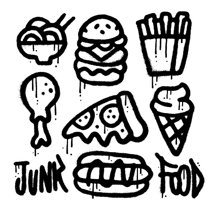Set of junk food elements in urban graffiti style. Noodle, burger, french fries, pizza, ice cream, hot dog and chicken leg. Spray textured vector illustration for t-shirts, banners.