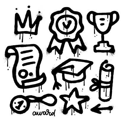 Hand drawn AWARD various elements set in sprayed urban graffiti style. Each element is isolated. Textured hand drawn vector illustration