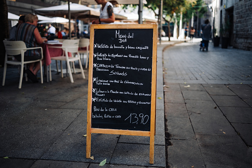 Spanish Bar Menu on Chalkboard outside Valencian Restaurant, Spain