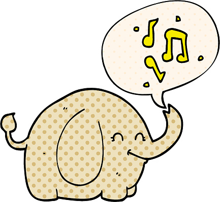 cartoon trumpeting elephant with speech bubble in comic book style