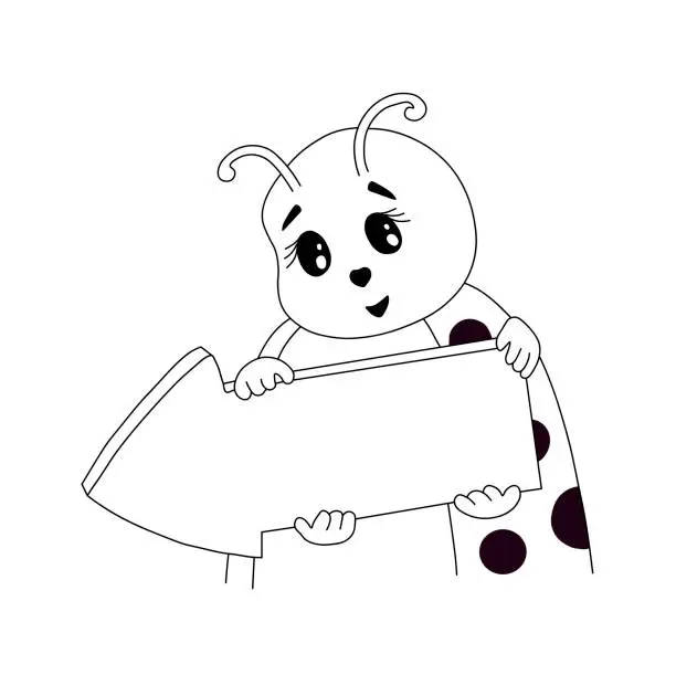 Vector illustration of Outline of ladybug is holding an arrow pointing to the left in its paws