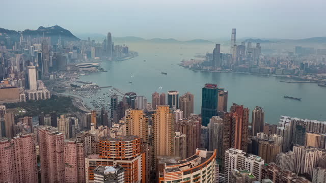 Hyperlapse aerial view business district in Hong Kong.