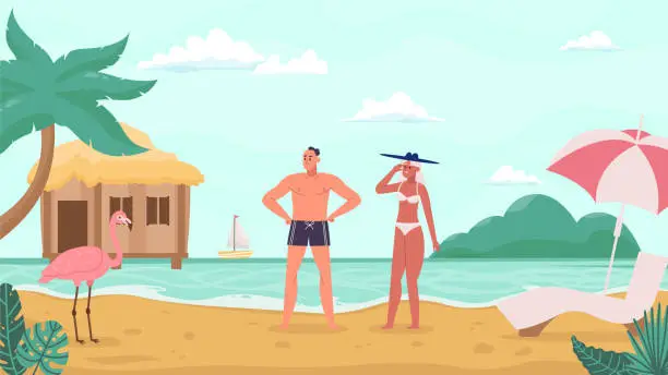Vector illustration of Couple relaxing on sand tropical beach. Cartoon people having vacation on tropical island with palm trees