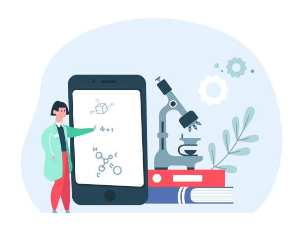 ilustrações de stock, clip art, desenhos animados e ícones de medicine online education concept. cartoon female scientist in uniform standing near big smartphone with formulas and microscope - telephone doctor medical exam healthcare and medicine