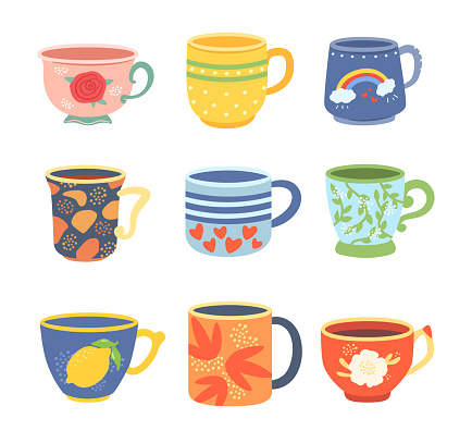 Cartoon cups. Colorful mugs for tea and coffee with different design. Kitchen teacup for hot drinks. Trendy crockery with flowers and leaves, rainbow, lemon and hearts isolated vector set