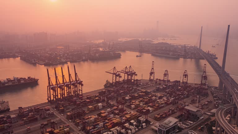 Dawn hyperlapse aerial view port and Container Terminals.